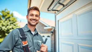 Technician performing Garage Door Repair Vancouver, Wa service on a residential garage door.