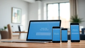 Showcase of https://albmaftoh.com website design on various devices in a professional setting.