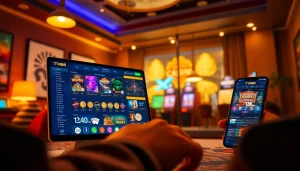 Dynamic view of TV88 casino interface showcasing games and security features on desktop and mobile devices.