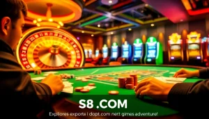 Experience the vibrant excitement at S8.COM's casino, featuring dynamic poker tables and thrilling slot machines.