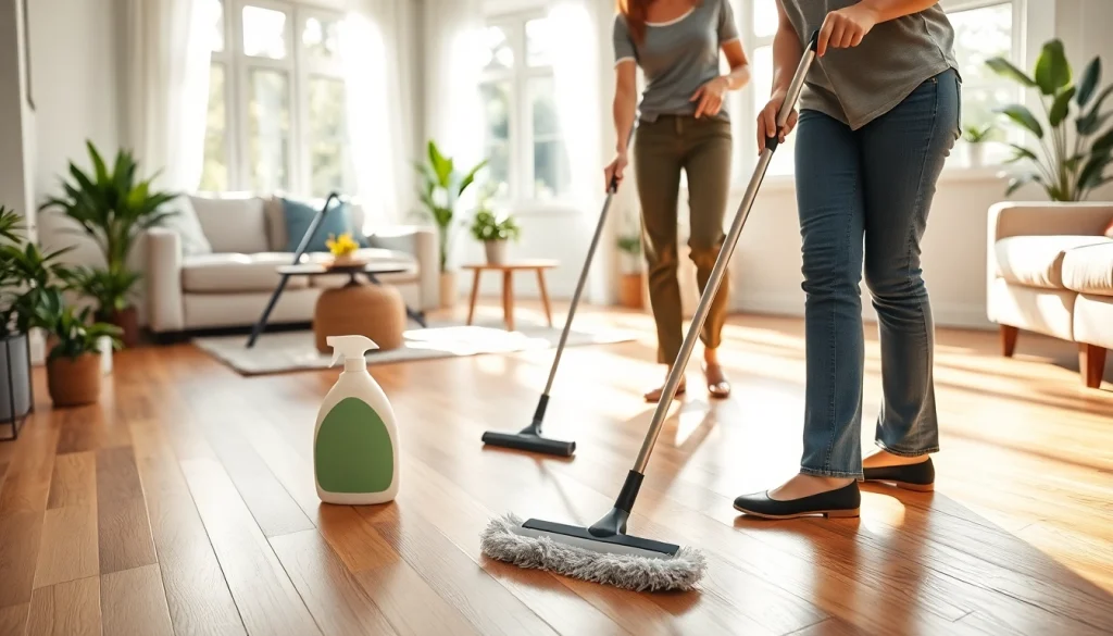 Cleaning Service in action with a professional team using eco-friendly products in a bright home.