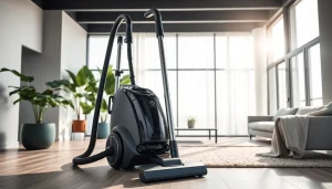 Vacuum cleaner demonstrating powerful cleaning capabilities in a modern, bright living room.