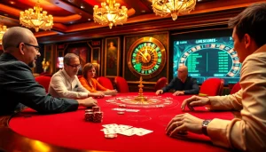 Thrilling poker game scene in a casino with trực tiếp bóng đá scores, showcasing excitement for gamblers.