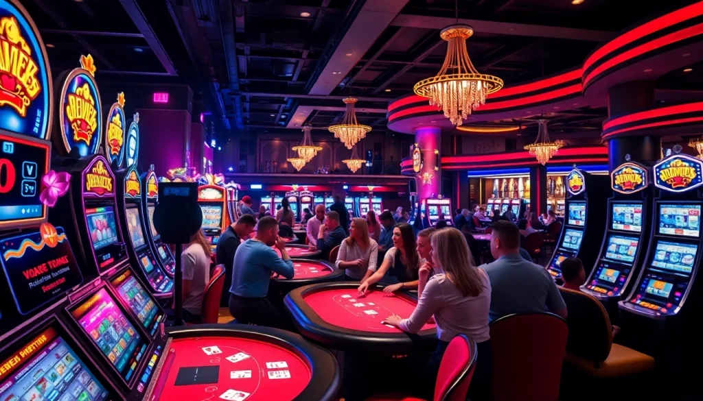 คาสิโนที่เต็มไปด้วยสีสันและคึกคักพร้อมผู้เล่นที่มีความตื่นเต้น