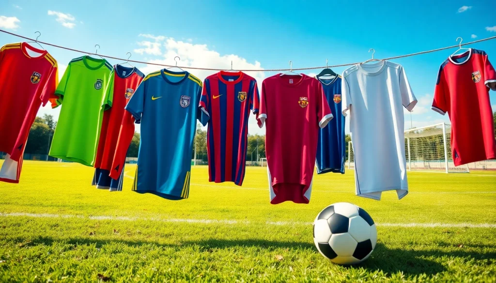 Explore dynamic football kits in vibrant colors displayed on a soccer field with jerseys and accessories.