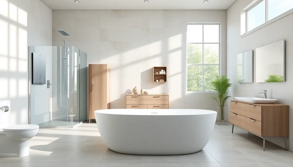 Vitrine élégante avec les produits sirhona pour votre salle de bain, incluant cabines et miroirs.
