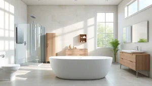 Vitrine élégante avec les produits sirhona pour votre salle de bain, incluant cabines et miroirs.