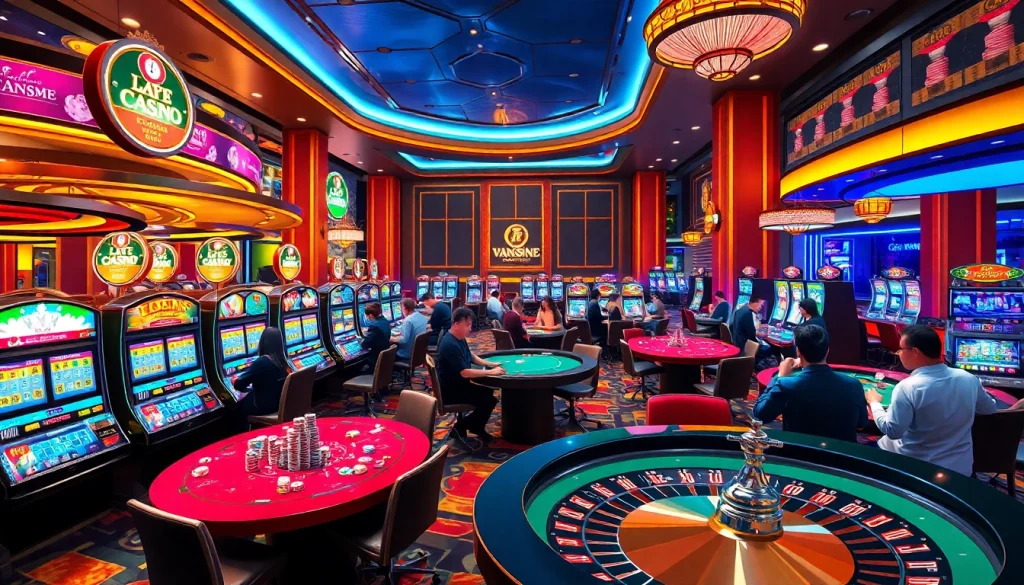 Experience the vibrant gambling world of KJC AC 1 with players enjoying casino tables and slot machines.