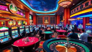 Experience the vibrant gambling world of KJC AC 1 with players enjoying casino tables and slot machines.