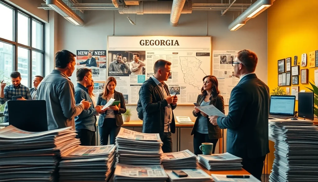 The Georgia Sun newsroom bustling with activity, showcasing reporters collaborating on vital stories.