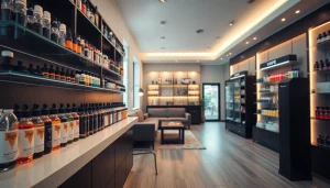 Vape shop mit einer einladenden Auswahl an Vapes und Zubehör in einem modernen Ambiente.