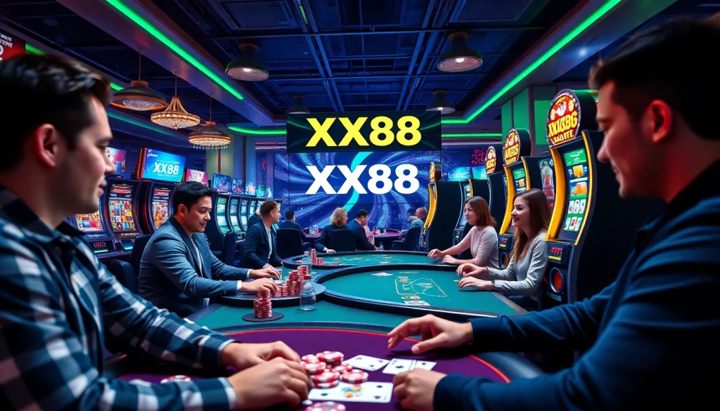 Dynamic online gaming scene featuring XX88, showcasing poker players and vibrant digital screens.