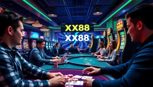 Dynamic online gaming scene featuring XX88, showcasing poker players and vibrant digital screens.