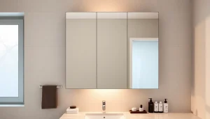 Erleben Sie den eleganten sonni Spiegelschrank in einem modernen Badezimmer mit warmen LED-Lichtern.