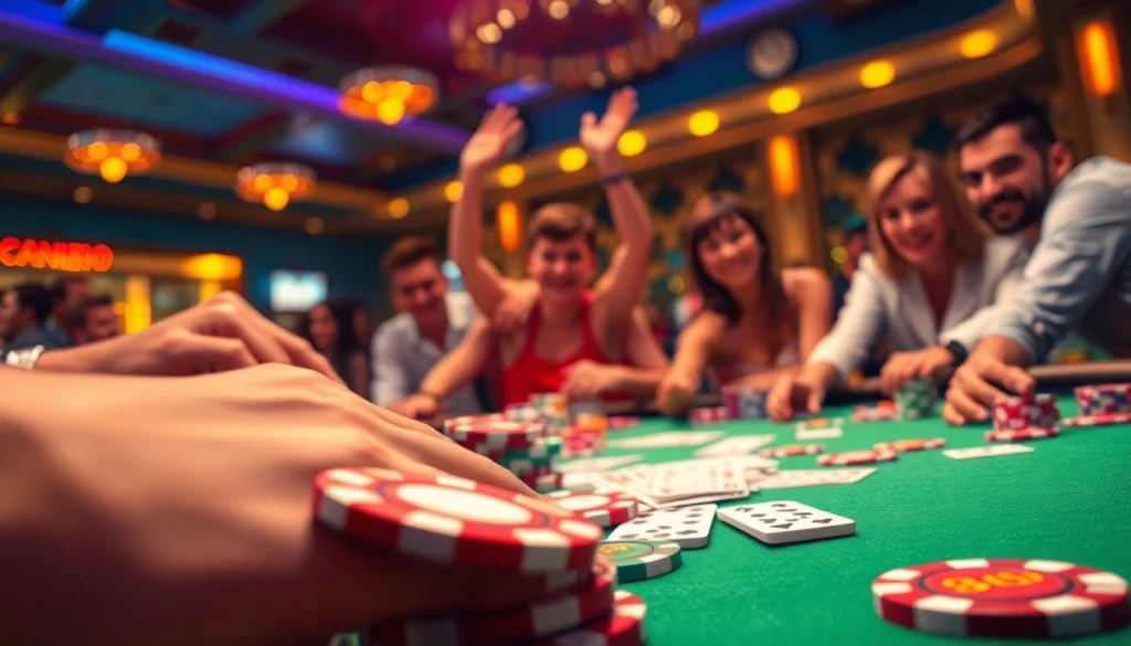 Permainan Domino88 poker game yang seru dengan pemain yang bersemangat dan kartu-kartu warna-warni.