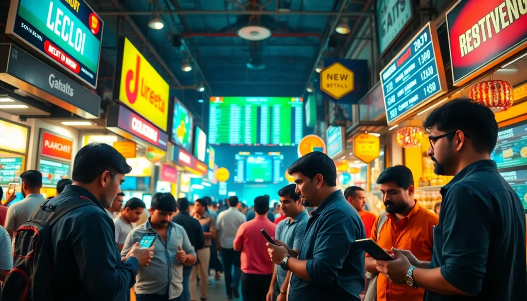 Engaging scene of sports betting in India with vibrant marketplace energy and enthusiastic bettors.