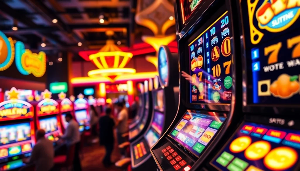 Mainan slot QRIS108 Slot yang memikat di kasino penuh warna dan meriah.