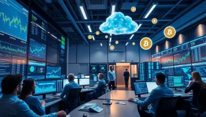 Innovative cloud mining scene showcasing professionals analyzing cryptocurrency data and cloud servers.