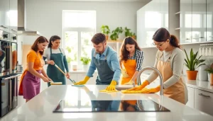 Kitchen deep cleaning Dubai with professionals sanitizing surfaces and appliances for a spotless kitchen.
