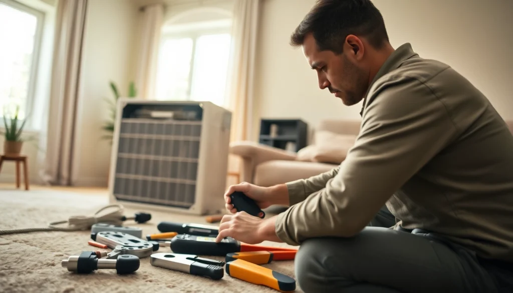 Technician from https://nobleheatingairservices.com servicing an HVAC unit in a cozy home environment.
