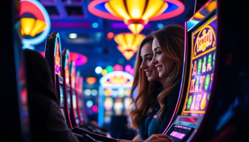 Permainan slot jewel4d slot dengan pemain bersemangat di kasino yang ramai.