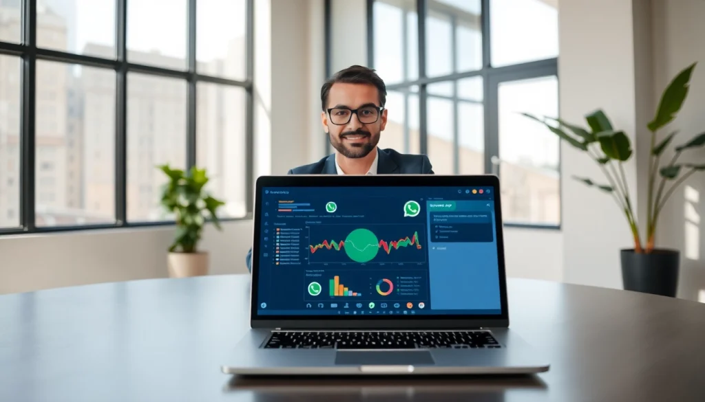 Implementing whatsapp api in a professional business environment with a laptop displayed.