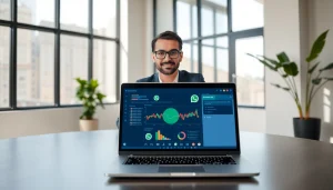 Implementing whatsapp api in a professional business environment with a laptop displayed.