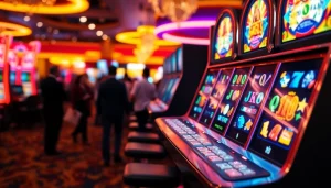 Slot mesin dengan simbol berwarna cerah menarik perhatian di kasino yang ramai.