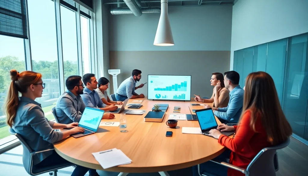 Engaging team discussing RR88 marketing strategies in a bright, modern conference room.