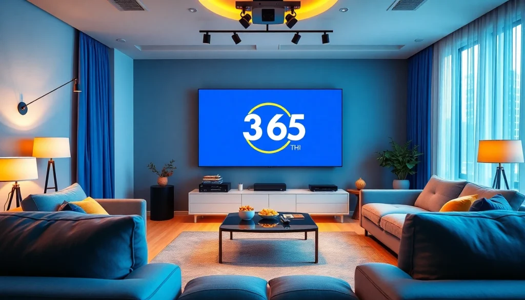 시청 중인 365티비의 로고가 보이는 현대적인 거실을 즐기세요.