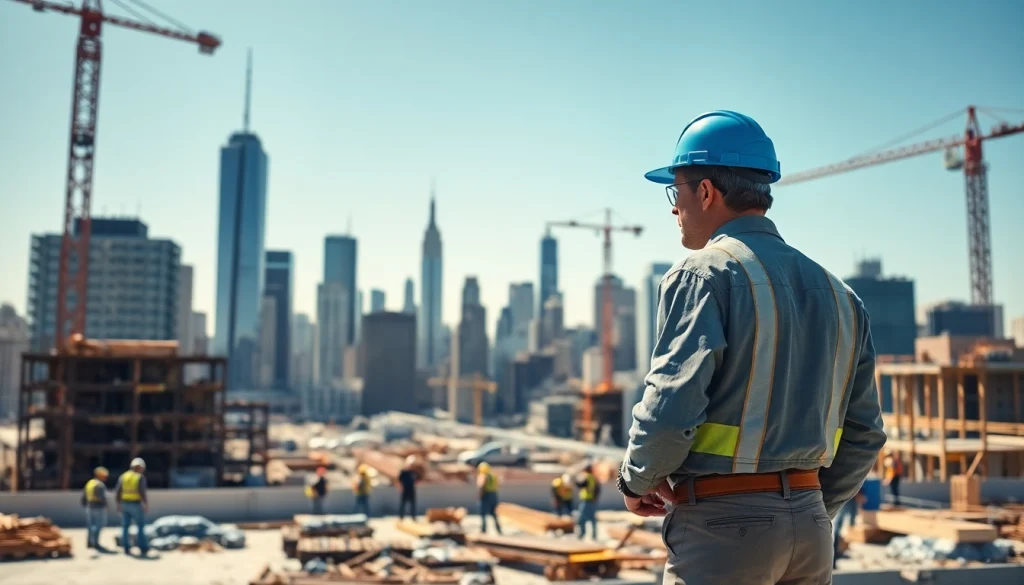 New York General Contractor supervising a vibrant construction project under the city skyline.