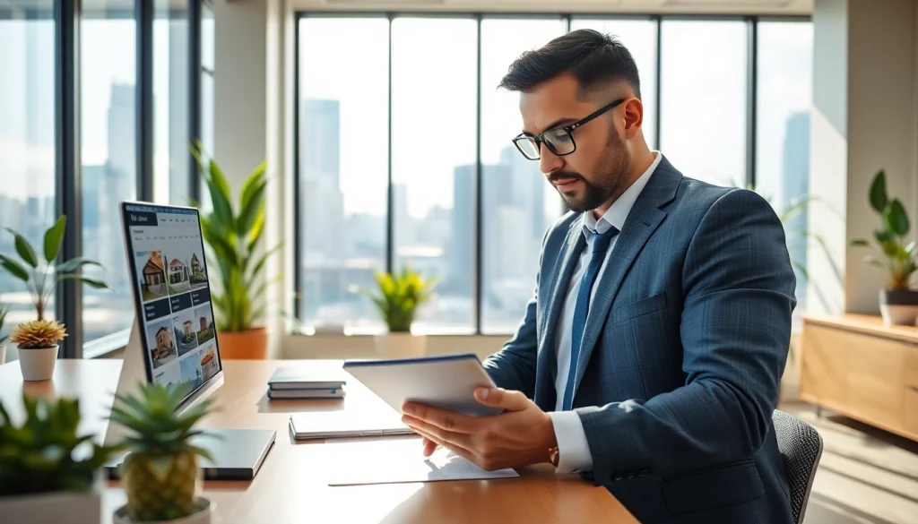 Real Estate agent actively analyzing property listings in a modern office setting.