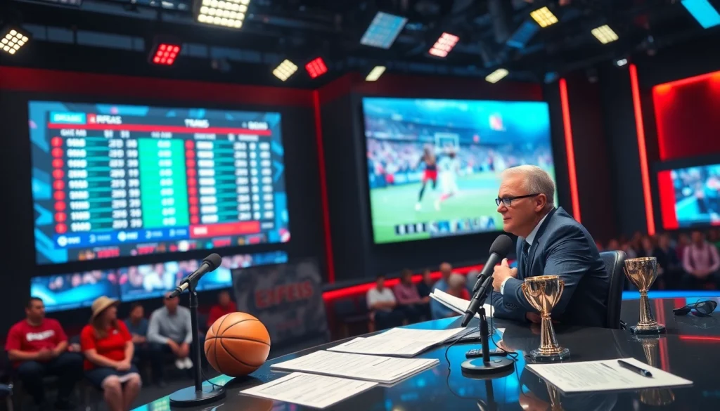 스포츠중계 방송 장면에서 스포츠 해설자가 카메라로 소통하는 모습
