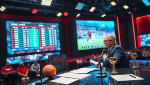 스포츠중계 방송 장면에서 스포츠 해설자가 카메라로 소통하는 모습