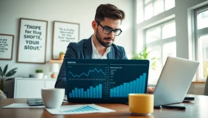 Eager entrepreneur analyzing data to earn money on short links in a sleek home office