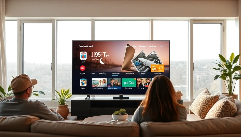 Disfruta de IPTV comprar en una sala de estar acogedora, transmitiendo entretenimiento.