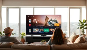 Disfruta de IPTV comprar en una sala de estar acogedora, transmitiendo entretenimiento.