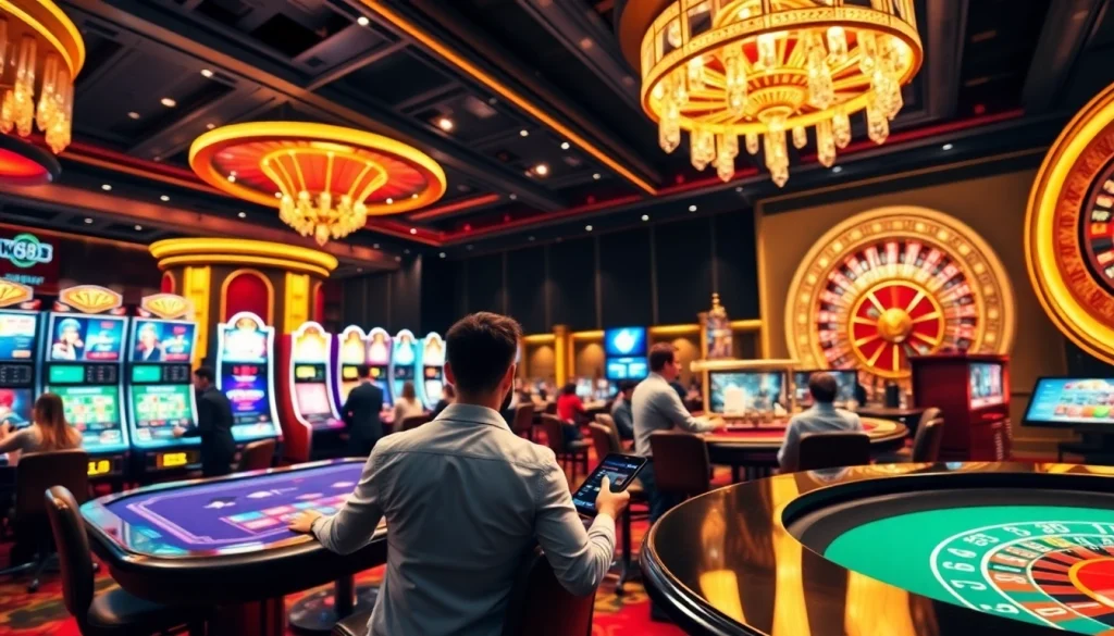 Engaging scene of players accessing their accounts for đăng nhập w88 in a bustling online casino.