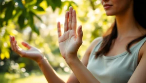 Practicing Yoga mudras with intricate hand gestures in a serene natural setting.