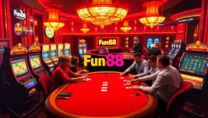 Players enjoying a thrilling poker game at Fun88's luxurious casino, with vibrant slot machines and roulette in the backdrop.