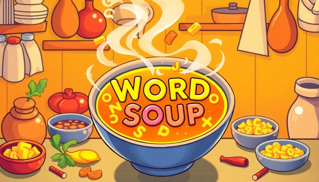 Engaging Word Soup puzzle game with colorful letters swimming in a bowl of soup.
