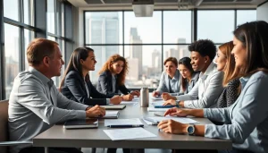 Business professionals collaborating in a modern office setting, showcasing teamwork.