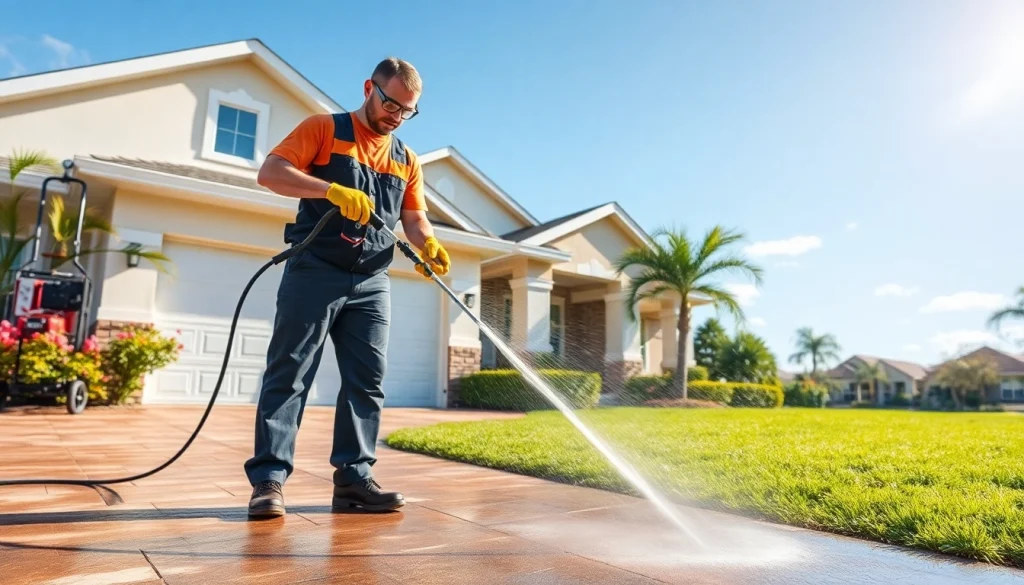 Expert pressure wash service revitalizing a driveway in Kissimmee, Florida, showcasing professional cleaning.