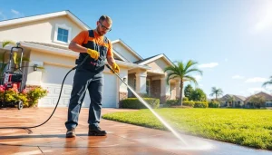 Expert pressure wash service revitalizing a driveway in Kissimmee, Florida, showcasing professional cleaning.