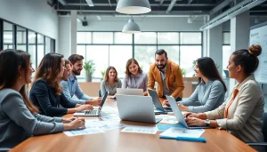 Engaged team discussing strategies in a vibrant office setting at social media marketing companies edmonton.