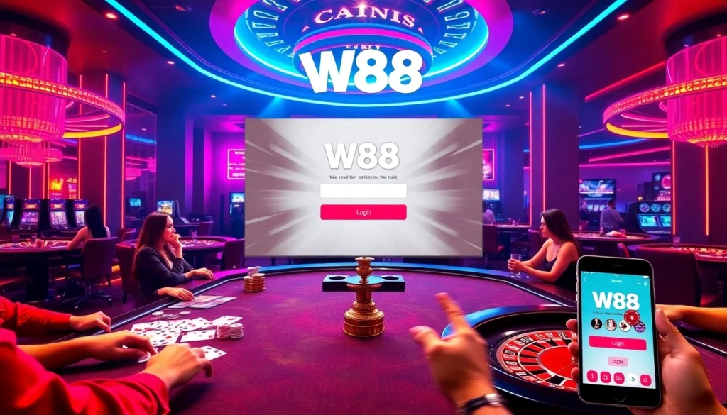 Login to W88, experiencing the thrill of online gambling with immersive casino visuals.