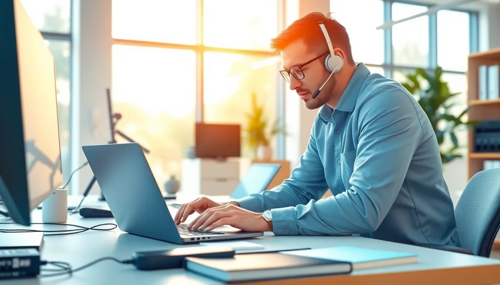 Technician providing computer help near me in a bright office setting while assisting a client.