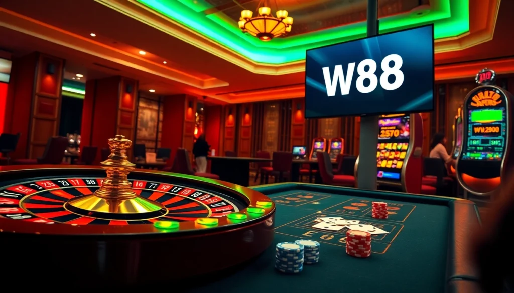 Trải nghiệm sự hứng khởi của Liên kết W88 với cảnh casino trực tuyến sinh động có roulette và poker.