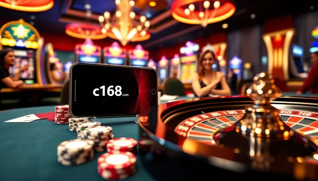 Experience vibrant gambling action with c168.com displayed on a smartphone amidst a luxury casino setting.