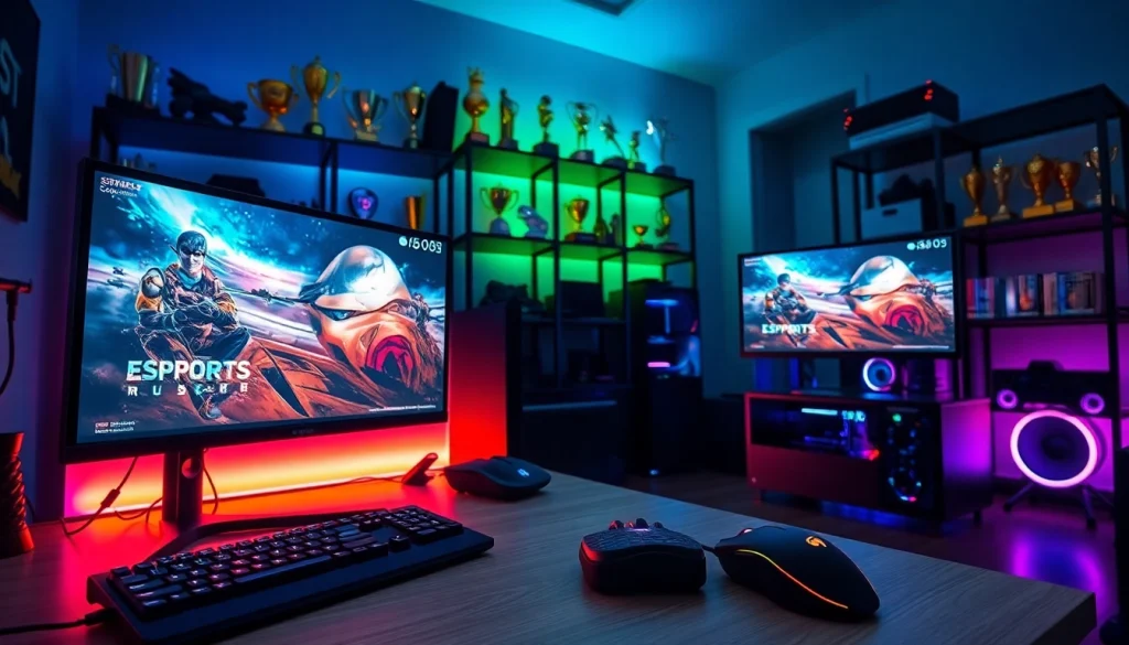 Showcase of a gaming setup representing https://www.gamelevate.com with high-end gear and vibrant RGB lighting.